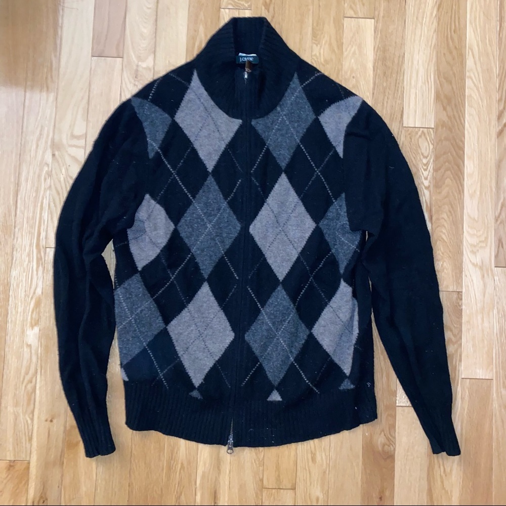 J Crew Lambswool Argyle Full Zip Sweater Black and Grey Men’s Size Medium